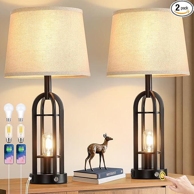 24" Table Lamps for Living Room Set of 2, Farmhouse Industrial 3-Way Dimmable Touch Bedside Lamps with USB A+C for Bedroom Nightstand，4 Bulbs Included