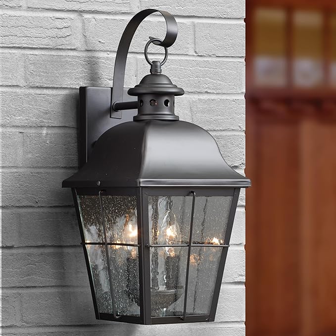 Quoizel Millhouse Outdoor Wall Lantern, 15.5 Inch, 1-Light Mystic Black Traditional Wall Sconce, Clear Seeded Glass, 100W, Exterior Wall Lantern Fixture, Outside Lights for Patio, Porch, or Garage