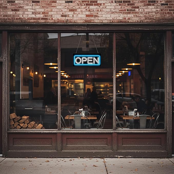 Neon Open Sign with Border - 24" wide x 11" high - Real, Quality Hand Bent Neon Sign - White Letters with a Blue Outer Border