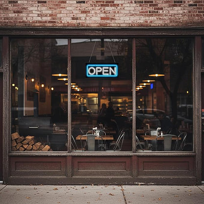 Neon Open Sign with Border - 24" wide x 11" high - Real, Quality Hand Bent Neon Sign - White Letters with a Blue Outer Border