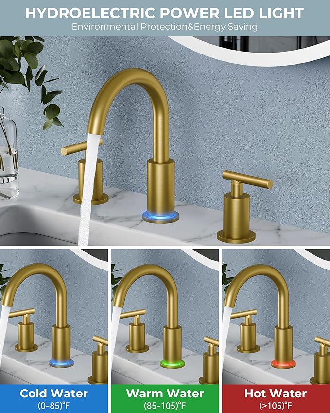 FORIOUS LED Bathroom Faucet Gold, 3 Hole Bathroom Faucet Brushed Gold Widespread with 3 Color Changing Light, Metal Pop Up Drain, CUPC Supply Hose and 360° Swivel Spout, 3 Pieces Wide LED Tap