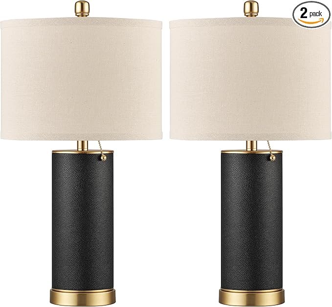 KDG 23.4" Black PU Leather Table Lamps for Living Room Set of 2, 3 Level Brightness LED Modern Home Decor Fabric Lampshade Desk Lamp Lighitng for Bedroom, Bedside, Farmhouse, Nightstand, Night Light