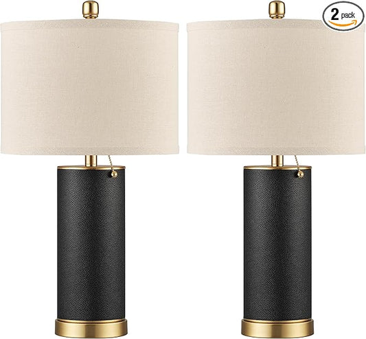KDG 23.4" Black PU Leather Table Lamps for Living Room Set of 2, 3 Level Brightness LED Modern Home Decor Fabric Lampshade Desk Lamp Lighitng for Bedroom, Bedside, Farmhouse, Nightstand, Night Light