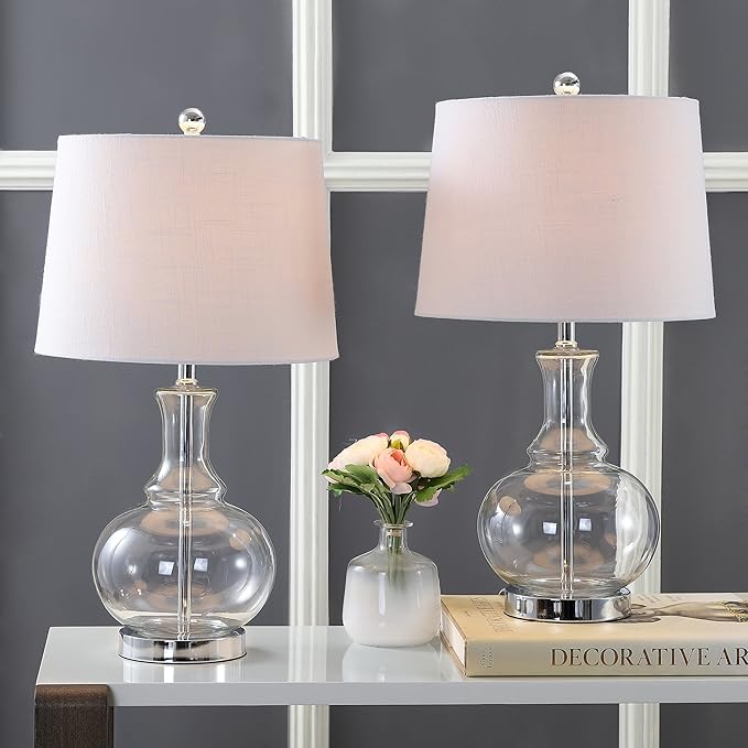 JONATHAN Y JYL1068B-SET2 25" Clear Glass Table Lamp Set of 2 for Living Room Bedroom, Contemporary Glam Bedside Nightstand Lamps with White Linen Drum Shade and Chrome Base, LED Bulbs Included