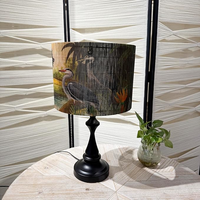 Bamboo Lampshade With Tropical colorful Funky Decorative, idea For Floor And table Lamps, Art deco livingroom bedroom office, Rustic And Retro, Size 11.8Inch (Herons)