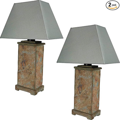 Sunnydaze 24" Outdoor Table Lamp - Weather-Resistant Natural Slate Light for Indoor or Outdoor Use - Cotton Lampshade - Set of 2