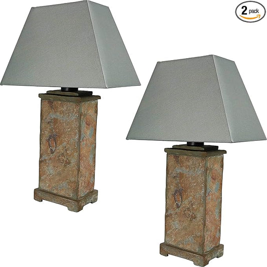Sunnydaze 24" Outdoor Table Lamp - Weather-Resistant Natural Slate Light for Indoor or Outdoor Use - Cotton Lampshade - Set of 2