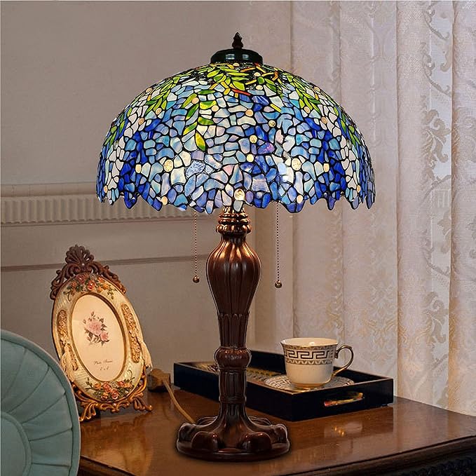 MAGCOLOR Table Lamps, Tiffany Style Stained Glass Purple Wisteria Table Lamp with 16 inches Handmade Lampshade and Brown Round Lamp Base Made of Zinc Alloy,Suitable for Decorating Room