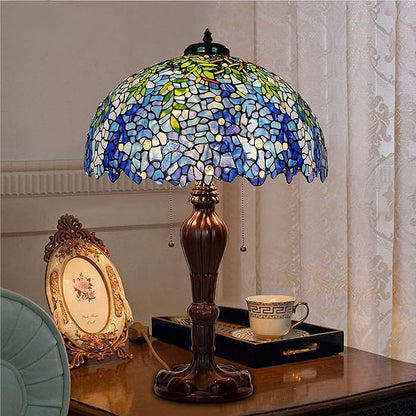 MAGCOLOR Table Lamps, Tiffany Style Stained Glass Purple Wisteria Table Lamp with 16 inches Handmade Lampshade and Brown Round Lamp Base Made of Zinc Alloy,Suitable for Decorating Room
