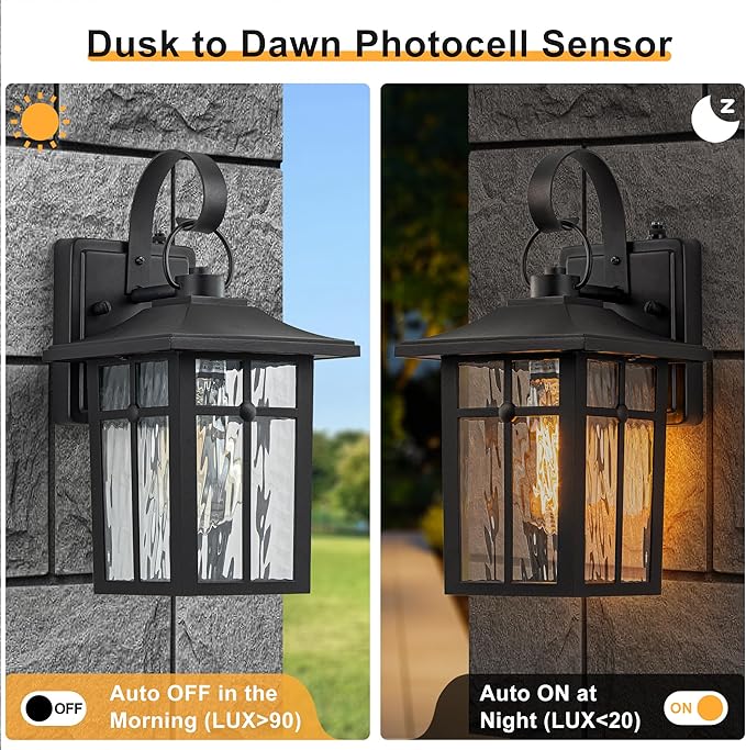 2 Pack Dusk to Dawn Outdoor Wall Lights, Aluminum Exterior Light Fixtures Wall Mount with Ripple Glass, Waterproof Black Porch Lights, Outside Wall Lantern for Entryway, Garage, Patio
