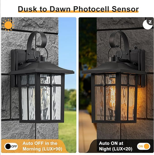 2 Pack Dusk to Dawn Outdoor Wall Lights, Aluminum Exterior Light Fixtures Wall Mount with Ripple Glass, Waterproof Black Porch Lights, Outside Wall Lantern for Entryway, Garage, Patio