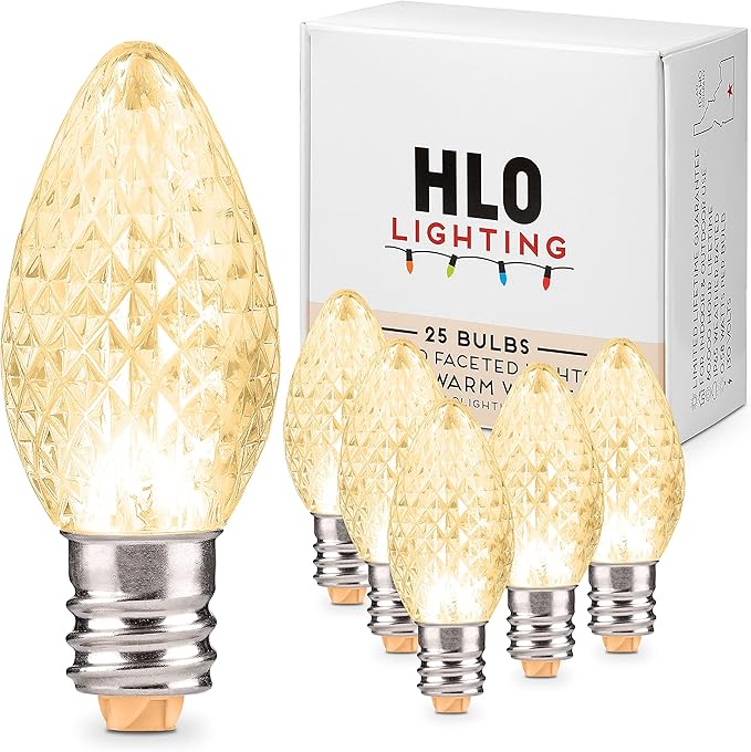 Holiday Lighting Outlet Faceted C7 Christmas Lights | Sun Warm White LED Light Bulbs Holiday Decoration | Warm Christmas Decor for Indoor & Outdoor Use | 2 SMD LEDs in Each Light Bulb | Set of 25