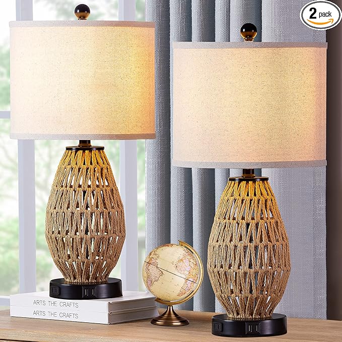 Touch Control Rattan Table Lamps, 3 Way Dimmable Bedside Lamps for Bedroom Set of 2 with 2 USB Ports and AC Outlet, Wicker Nightstand Lamps for Living Room (LED Bulbs Included), Rattan