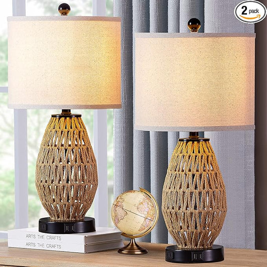 Touch Control Rattan Table Lamps, 3 Way Dimmable Bedside Lamps for Bedroom Set of 2 with 2 USB Ports and AC Outlet, Wicker Nightstand Lamps for Living Room (LED Bulbs Included), Rattan