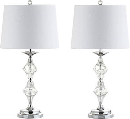 JONATHAN Y JYL2037A-SET2 27.5" Modern Glam Crystal Table Lamp Set of 2 for Bedroom Living Room, Traditional Stacked Crystal Bedside Nightstand Lamp with White Drum Shade, Clear/Chrome