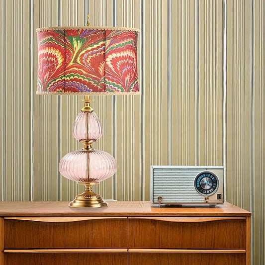 River of Goods 31.5" H Dash Red Printed Drum Shade Geometric Pink Glass Table Lamp