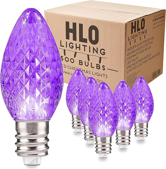 Holiday Lighting Outlet Faceted C7 Christmas Lights | Purple LED Light Bulbs Holiday Decoration | Warm Christmas Decor for Indoor & Outdoor Use | 2 SMD LEDs in Each Light Bulb | Set of 500