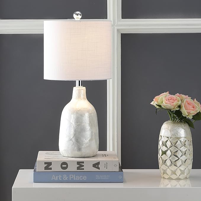 JONATHAN Y JYL4007A 21" Coastal Seashell Table Lamp, Contemporary Pearl White Bedside Lamp for Living Room, Bedroom Nightstand, End Table Desk Lamp with White Linen Drum Shade, LED Bulb Included