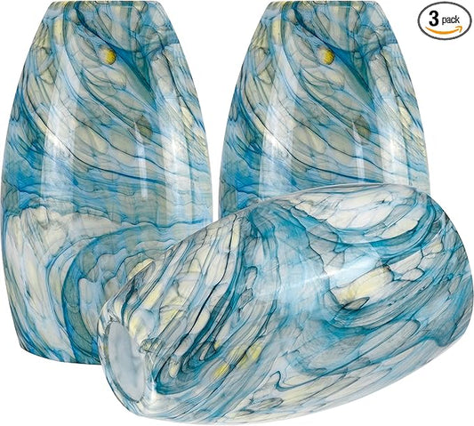 GO&SO 3-Pack Ink-blue Pendant Light Wave Glass Lamp Shades - Hand-Blown Rippled Texture with White Gradient, 7.8"H x 4"W Oval Art Fixtures, 1.57" Fitter,Mini Lamp Shade & Pendant Lamp Replacement Set