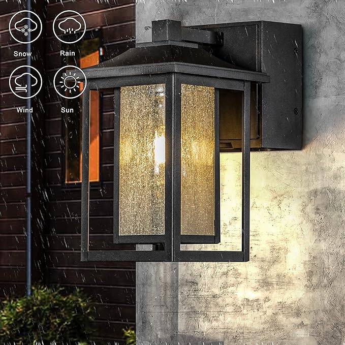 ALOADECOR 1 Light Black Exterior Light Dusk to Dawn Sensor Outdoor Lights Garage Wall Lights with Seeded Glass Front Porch Light Fixtures with GFCI Outlets for Outside Garden Porch Patio