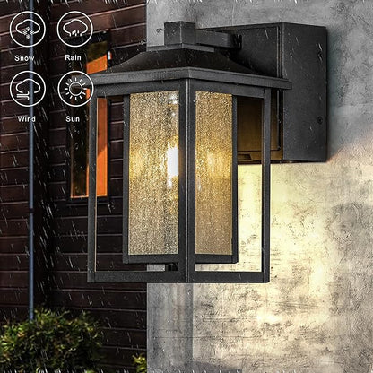 ALOADECOR 1 Light Black Exterior Light Dusk to Dawn Sensor Outdoor Lights Garage Wall Lights with Seeded Glass Front Porch Light Fixtures with GFCI Outlets for Outside Garden Porch Patio