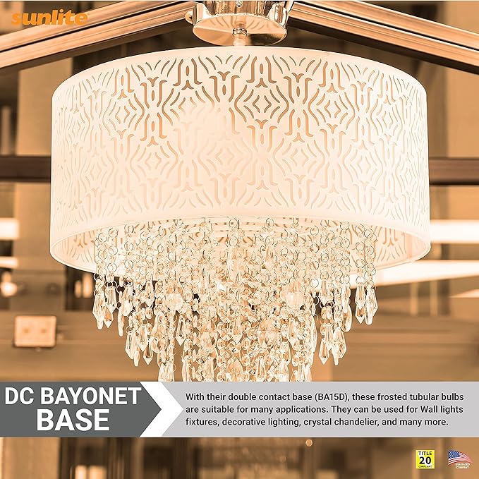 Sunlite 41724 Incandescent T6.5 Tubular Light Bulb, BA15D Double Contact Bayonet Base, 25 Watts, 130 Lumens, Dimmable, Mercury Free, Title 20 Approved, 2600K Warm White, Frost Glass, 25 Count