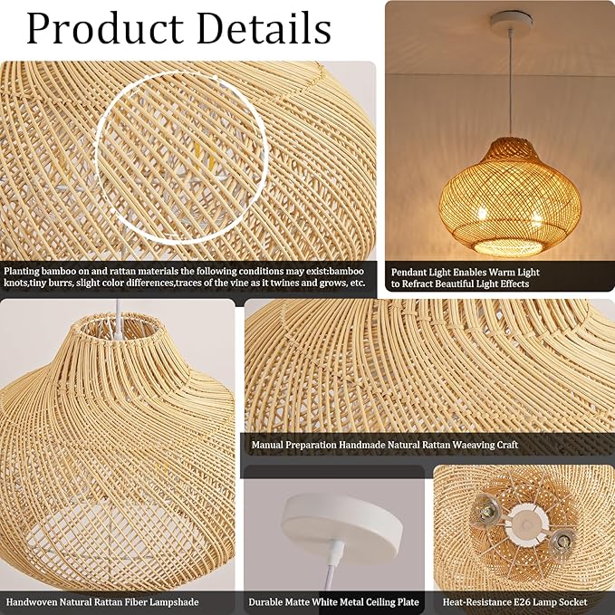 2-Light Rattan Pendant Light,14.96" Hanging Light,Round Wicker Pendant Light Hand-Woven Rattan Chandelier for Workplace Dining Living Bedroom Kitchen Farmhouse
