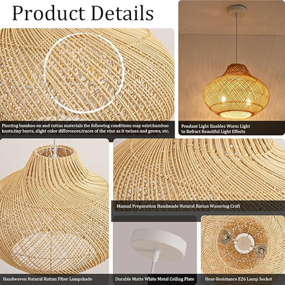 2-Light Rattan Pendant Light,14.96" Hanging Light,Round Wicker Pendant Light Hand-Woven Rattan Chandelier for Workplace Dining Living Bedroom Kitchen Farmhouse