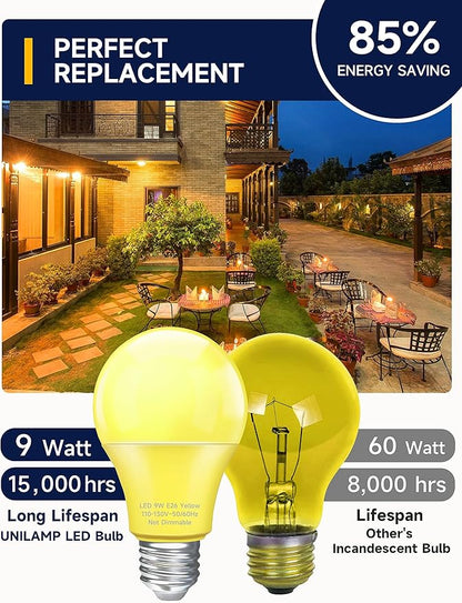 UNILAMP Yellow LED Bug Light Bulbs, A19 Outdoor Yellow Bug Light Bulb, 9W Equivalent 60W, Yellow Bug Light Bulbs for Outside, E26 Base for Porch, Holiday Party Decoration, Non-Dimmable, 4 Pack