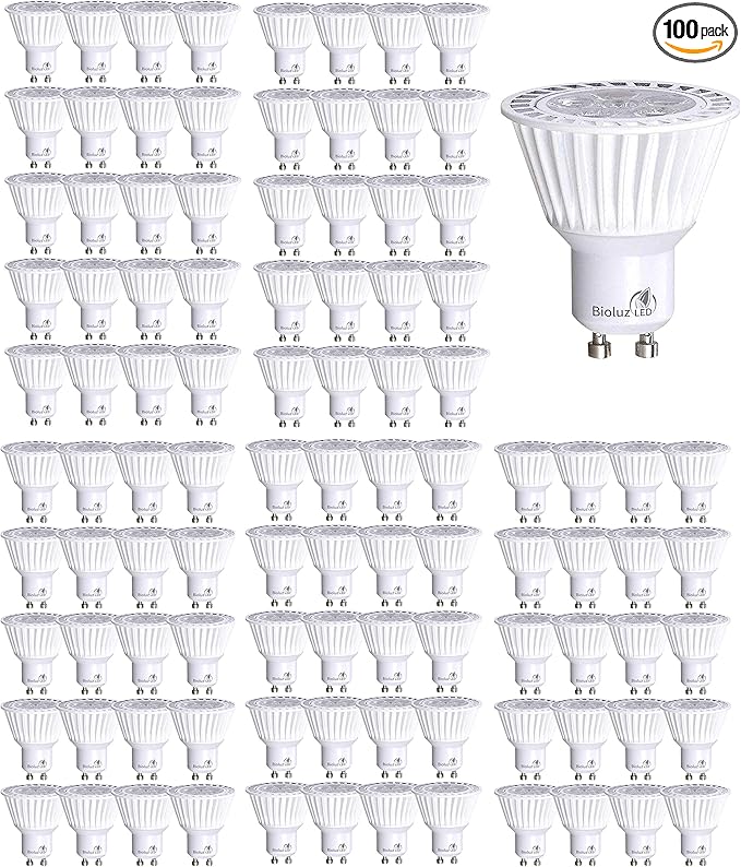 Bioluz LED 100 Pack GU10 Dimmable LED Light Bulbs 3000K Soft White 50W Halogen Replacement Using 6.5W GU10 Base 120V UL Listed FCC and RoHS Compliant (Commercial Grade Pack of 100)