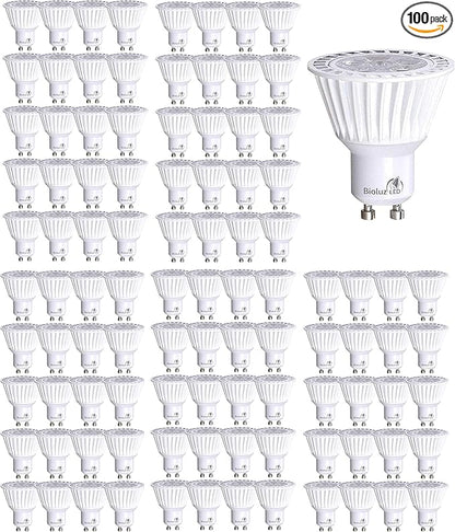 Bioluz LED 100 Pack GU10 Dimmable LED Light Bulbs 3000K Soft White 50W Halogen Replacement Using 6.5W GU10 Base 120V UL Listed FCC and RoHS Compliant (Commercial Grade Pack of 100)