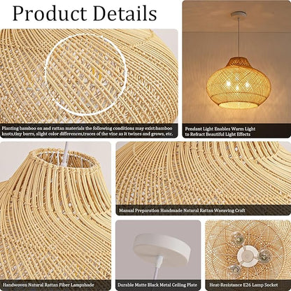 3-Light Rattan Pendant Light,18.9" Round Hanging Light,Wicker Pendant Light Hand-Woven Rattan Chandelier for Workplace Dining Living Bedroom Kitchen Farmhouse