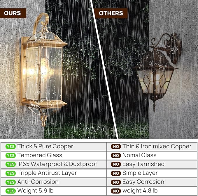 20'' H Brass Porch Light Copper Outdoor Light Fixture Oil Rubbed Finish Exterior Light Fixtures Large Outdoor Wall Lantern for Patio,Garage,Front Porch 1 Pack