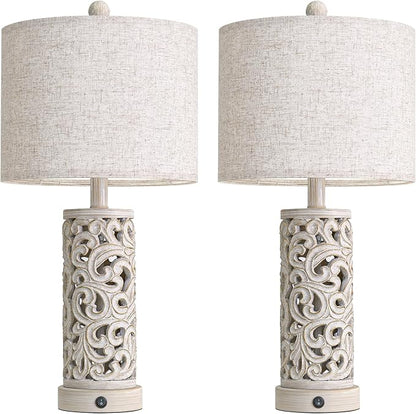 OYEARS Bedside Table Lamps Set of 2 with USB & Night Light, 22'' Farmhouse Bedroom Lamps for Nightstand, Vintage Table Lamps for Bedroom Living Room Home Offce (Bulb Included)