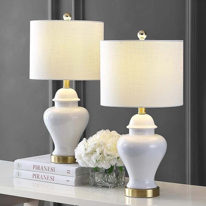JONATHAN Y JYL6602C-SET2 22" White Classic Ceramic Table Lamp Set of 2 for Living Room, Traditional Ginger Jar Bedside Lamps for Bedroom Nightstand with White Linen Shade, LED Bulbs Included