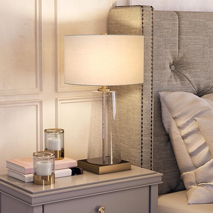 Dax 27.5" Tall Table Lamp with Fabric Shade in Seeded Glass/Brass/White