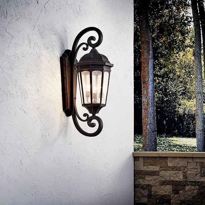 Kichler Courtyard 40.50" 3 Light Outdoor Wall Light with Clear Seeded Glass in Rubbed Bronze