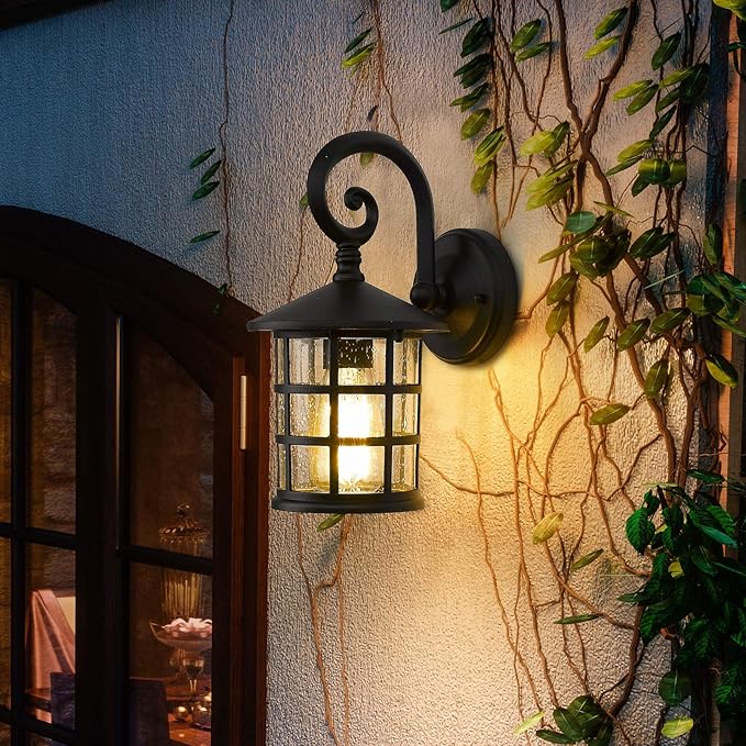 Emliviar Outdoor Wall Lantern Sconce - Industrial Exterior Wall Mount Light Fixture for Garage, Seeded Glass in Black Finish, XE222B BK