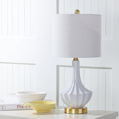 JONATHAN Y JYL1030A 21.5" Modern Ceramic Table Lamp, White and Brass Bedside Lamp for Living Room, Bedroom Nightstand, Contemporary End Table Desk Lamp with White Linen Drum Shade, LED Bulb Included
