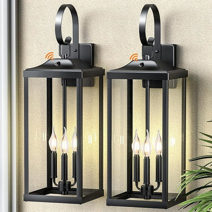 2 Packs 24" Extra Large Dusk to Dawn Light Fixture 3-Light, Black Outdoor Porch Lantern Wall Mounted, Waterproof Modern Outside Wall Sconce Coach Lamp for House, E12