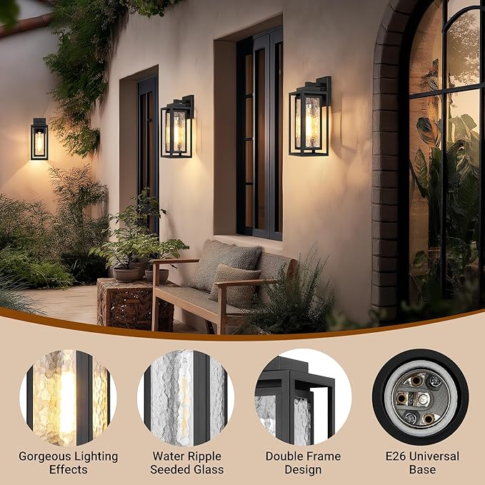 Water Ripple Outdoor Wall Lantern, Exterior Porch Light Fixture Black, 2 Pack Waterproof Wall Lights Fixture, Outside Garage Sconce Lighting, Porch Light Fixture, Mount Lamp, for Patio Outdoor Indoor