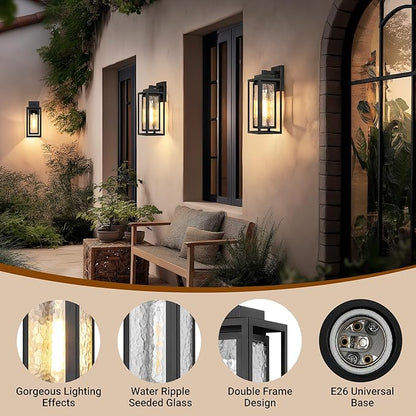 Water Ripple Outdoor Wall Lantern, Exterior Porch Light Fixture Black, 2 Pack Waterproof Wall Lights Fixture, Outside Garage Sconce Lighting, Porch Light Fixture, Mount Lamp, for Patio Outdoor Indoor