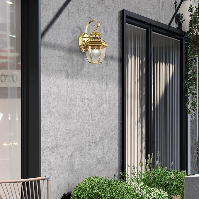 Livex Lighting 2051-02 Monterey 1 Light Outdoor Polished Brass Finish Solid Brass Wall Lantern with Clear Beveled Glass, Gold
