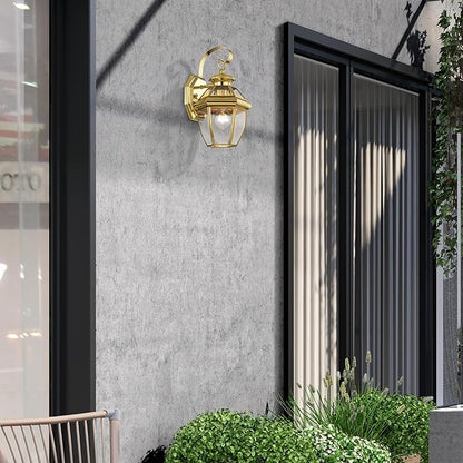 Livex Lighting 2051-02 Monterey 1 Light Outdoor Polished Brass Finish Solid Brass Wall Lantern with Clear Beveled Glass, Gold