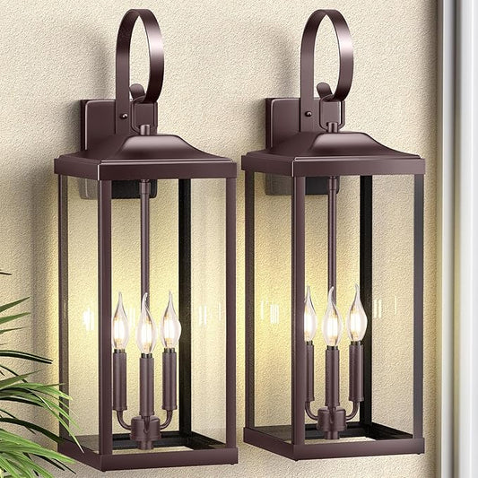 2 Packs 24" Extra Large 3-Light Outside Wall Light Fixture, Oil Rubbed Bronze Outdoor Porch Lantern Wall Mounted, Waterproof Modern Brown Outside Wall Sconce Coach Lamp for House, E12