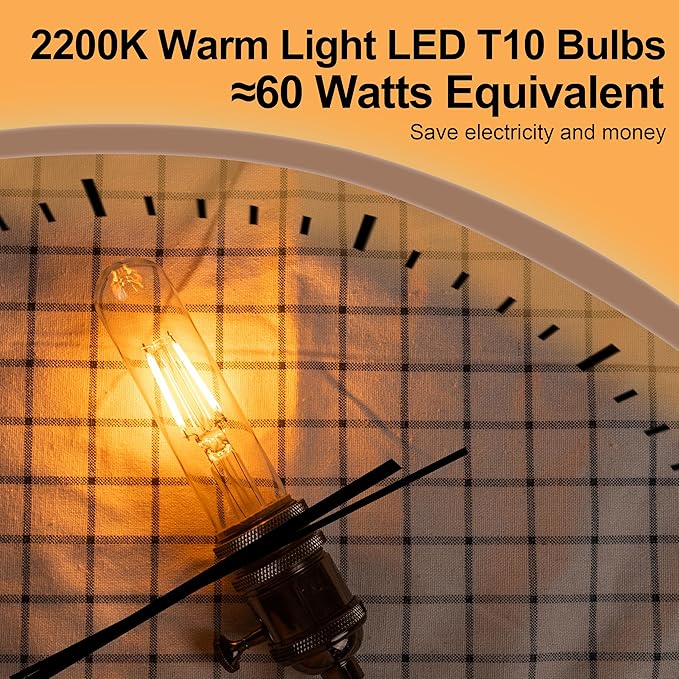 T10 Tubular Led Bulbs 60w Equivalent, Dimmable 5.25 Inch Led Tube Bulb, E26 T30 Edison Tubular Clear Light Bulbs, 2200K Warm Light Long Skinny 6W 10 Pack