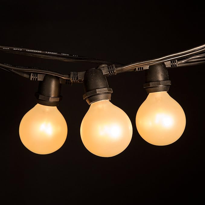 Hometown Evolution, Inc. 100 Foot C9 Commercial Exterior Globe String Lights with 80 G50 2 Inch White Satin Bulbs (Black Wire) for Weatherproof Heavy Duty Vintage Outside Lighting