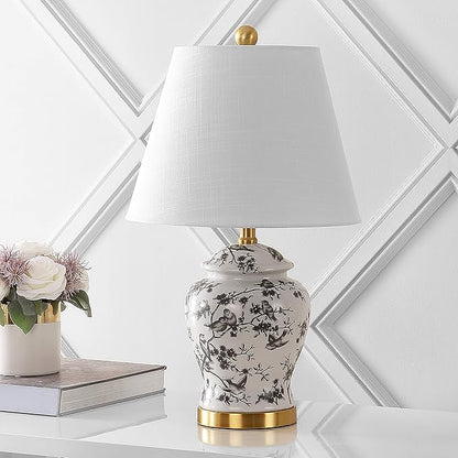 JONATHAN Y JYL3005C 22" French Country Ginger Jar Table Lamp, Gray and White Chinoiserie Ceramic Bedside Lamp for Living Room, Traditional Bedroom Nightstand with White Linen Shade, LED Bulb Included
