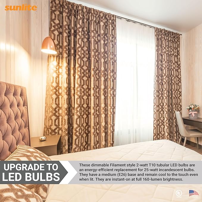 Sunlite LED Filament T10 Tubular Light Bulb, 2 Watts (25W Equivalent), 160 Lumens, Medium E26 Base, 120 Volts, Dimmable, 90 CRI, UL Listed, Clear, 4000K Cool White, 10 Pack