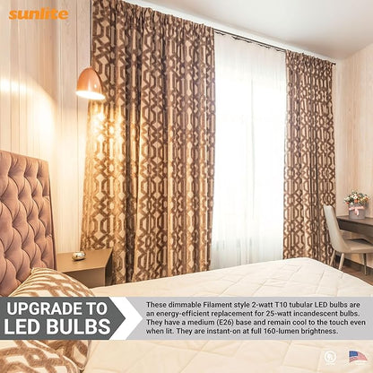 Sunlite LED Filament T10 Tubular Light Bulb, 2 Watts (25W Equivalent), 160 Lumens, Medium E26 Base, 120 Volts, Dimmable, 90 CRI, UL Listed, Clear, 4000K Cool White, 10 Pack